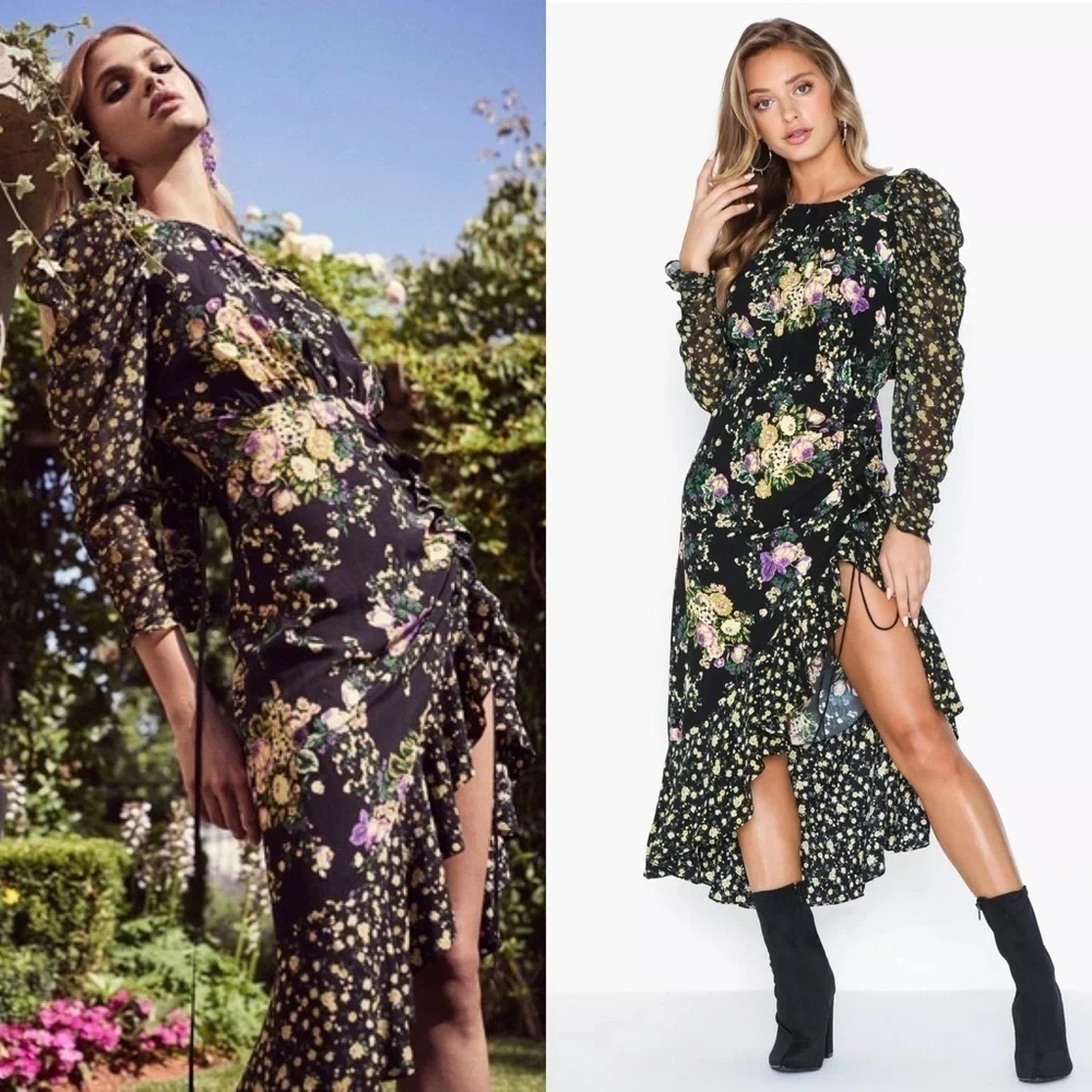 FOR LOVE & LEMONS Floral Long Sleeve Cutout Tie Back Ruched Ruffle Midi Dress XS
